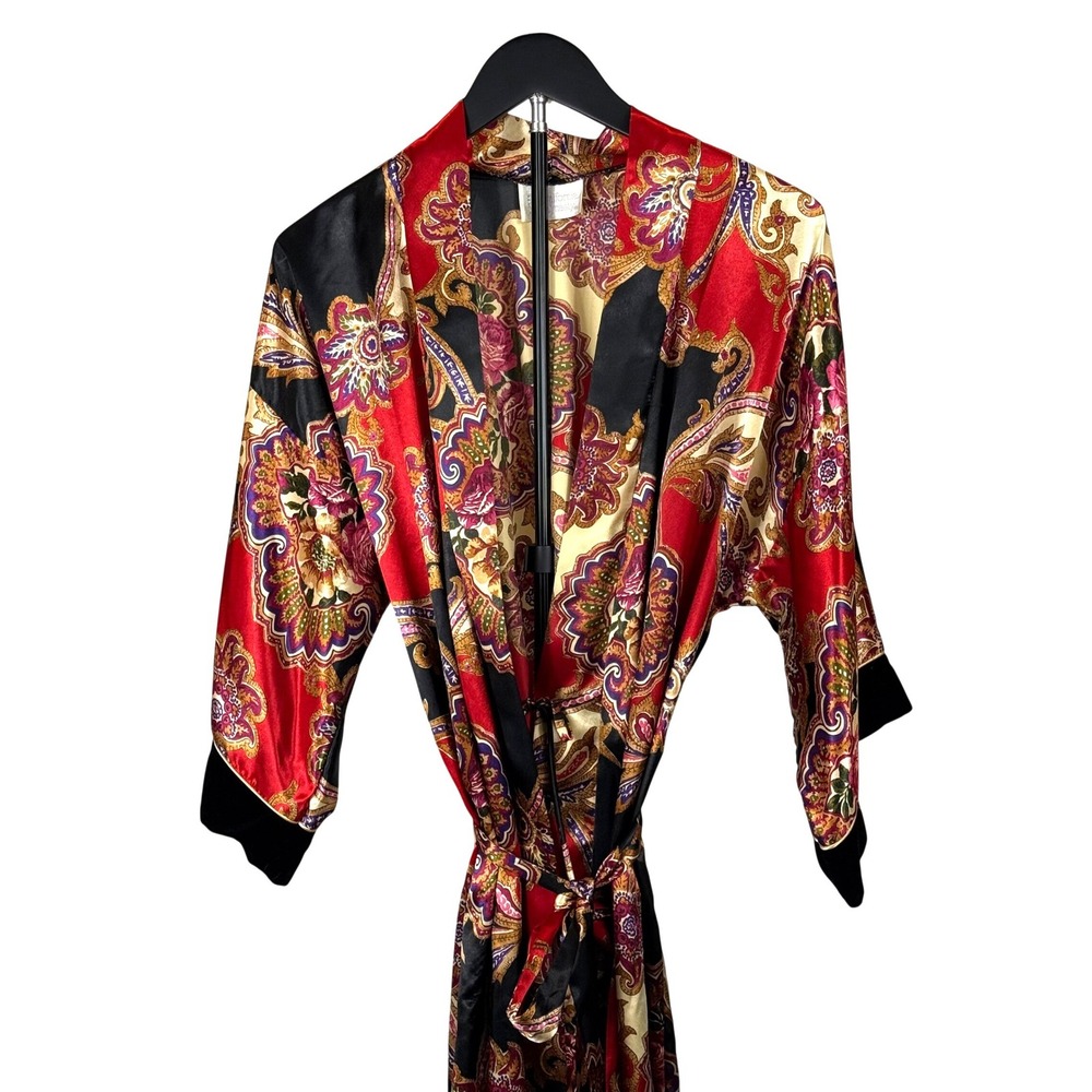 California Dynasty Robe Womens OS Red Paisley Satin Belted Loungewear Vintage - Picture 3 of 7